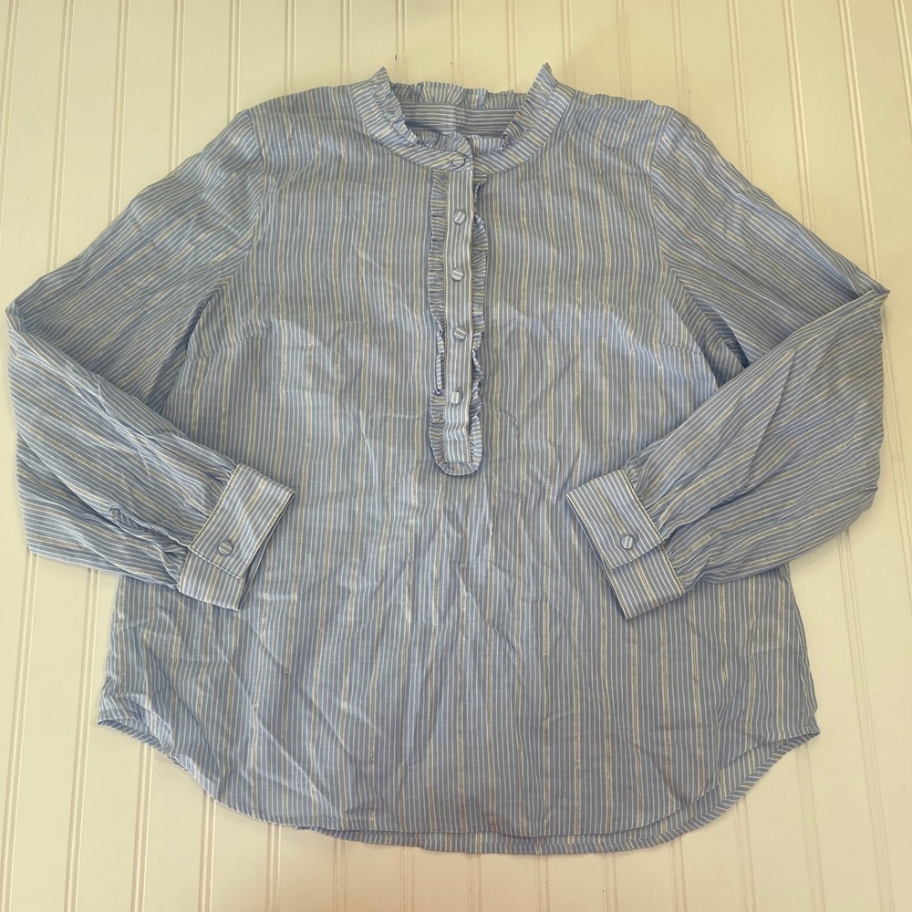 Talbots Petite Blue White Striped Metallic Ruffle Collar Blouse Large Petite LP